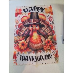 Happy Thanksgiving Garden Flag‎ Turkey Pilgrim Hat Autumn Leaves Fall Décor...